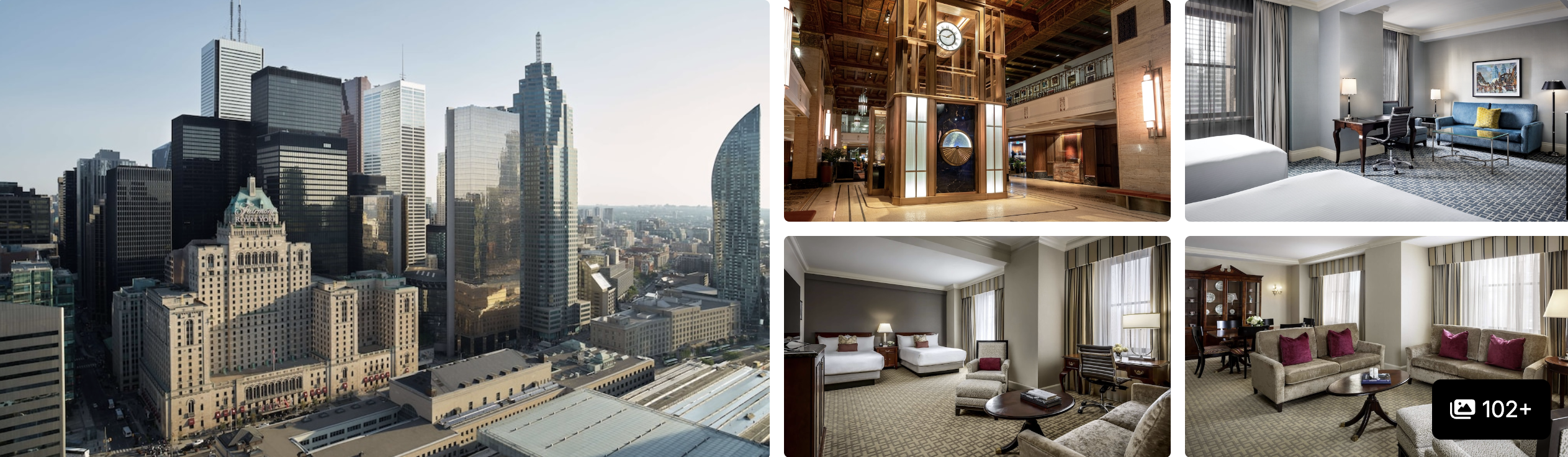 Photos of Fairmont Royal York, Toronto: downtown skyline view of the hotel, grand lobby and classic guest suites