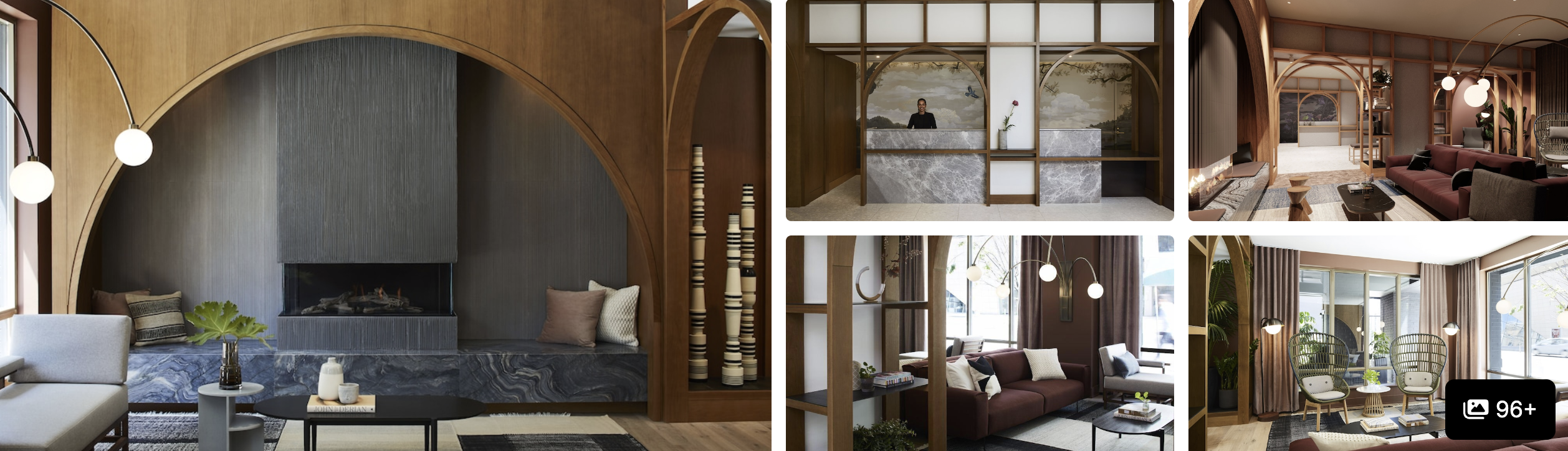 Photos of Kimpton Saint George Hotel, Toronto: arched fireplace lounge, reception desk and warm-toned guest rooms