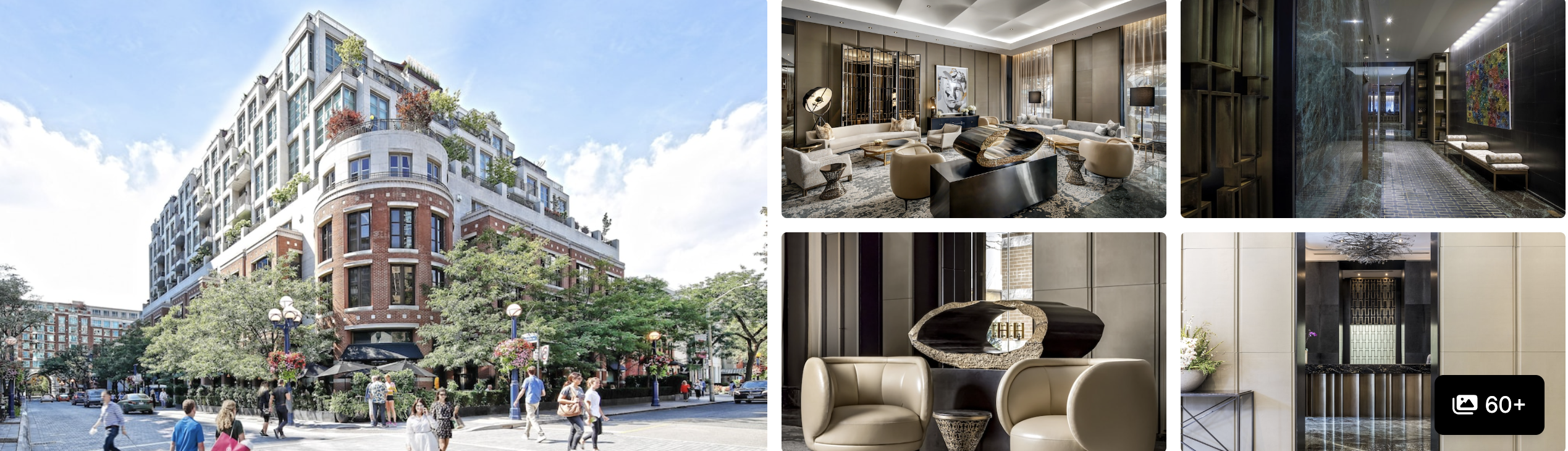 Photos of The Hazelton Hotel, Toronto: brick corner building on a tree-lined street, refined lounge and dining interiors