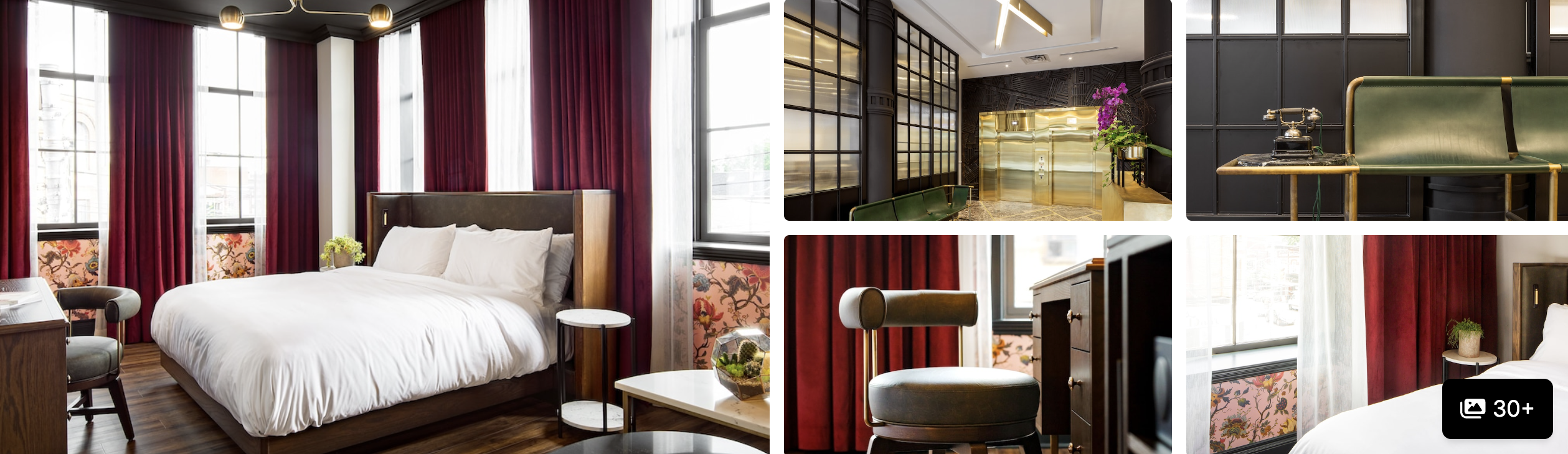 Photos of The Broadview Hotel, Toronto: guest room with deep red curtains, dark lobby bar and lounge seating