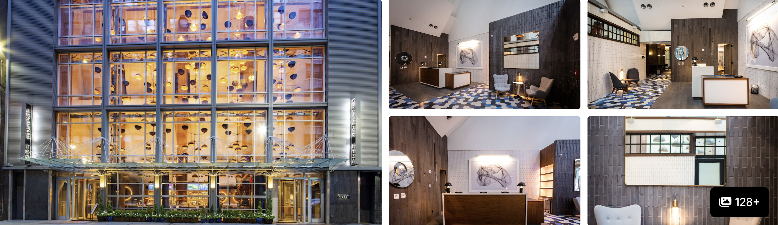 Photos of Crowne Plaza HY36 Midtown Manhattan: glass-and-art entrance facade, patterned-floor lobby and reception desks