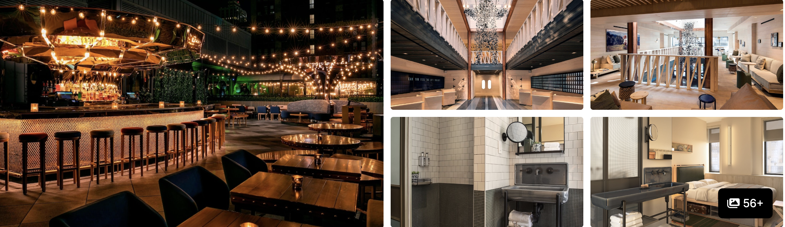 Photos of Moxy NYC Times Square: string-lit rooftop bar, grand lobby, lounge and tiled bathrooms