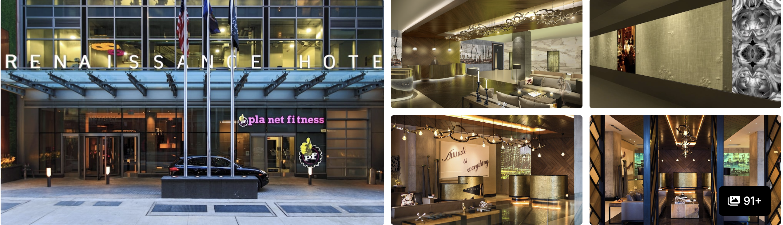 Photos of Renaissance New York Midtown Hotel: glass entrance facade, lit corridor, lobby reception and lounge