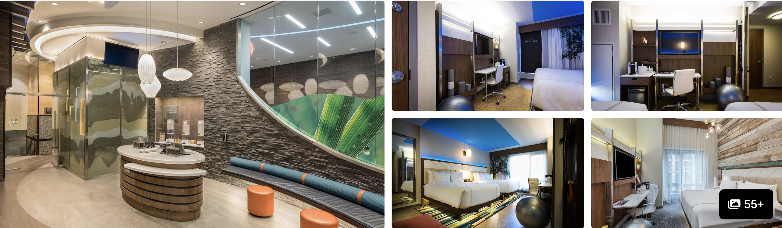 Photos of EVEN Hotel New York Times Square South: spa-like lobby with stone wall, work-friendly guest rooms and beds
