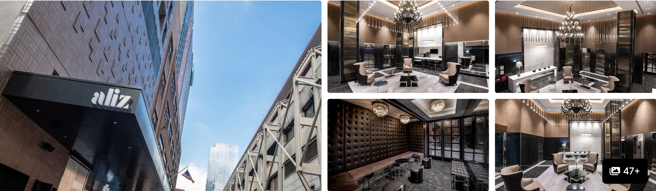 Photos of Aliz Hotel Times Square: signed exterior against blue sky, chandelier-lit lobby and lounge seating