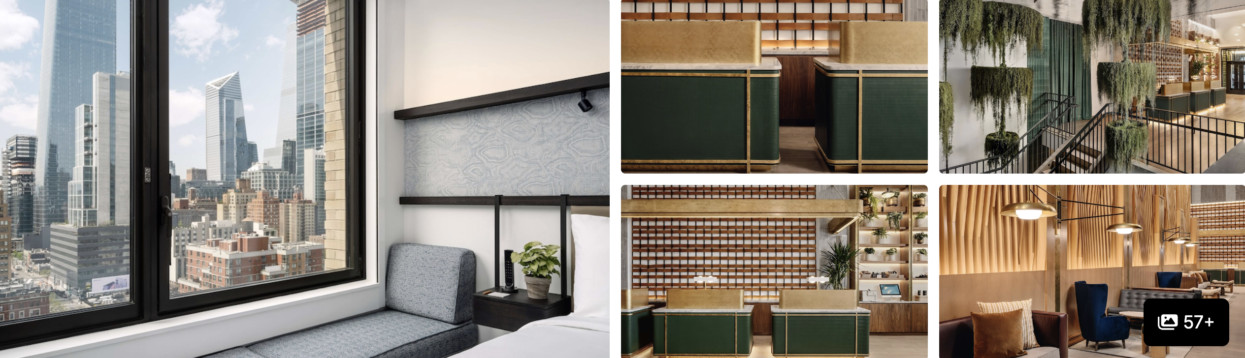 Photos of Arlo Midtown: guest room with skyline view, green-accented lobby, lounge and reception area