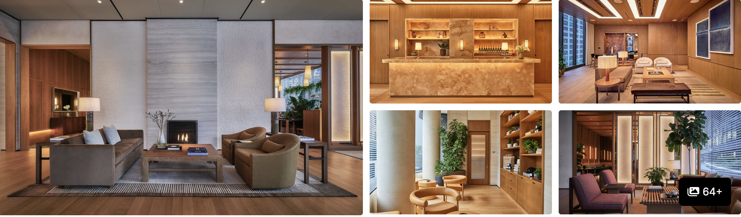 Photos of Pendry Manhattan West: warm wood-paneled lounge with fireplace, reception desk and lobby seating