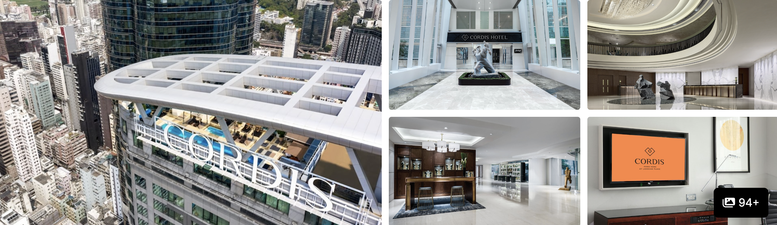 Photos of Cordis, Hong Kong: rooftop signage above the city, marble lobby with art and lounge spaces