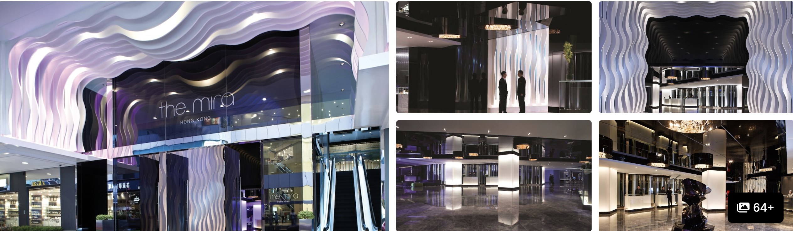 Photos of The Mira Hong Kong: wave-textured illuminated entrance facade, lobby and dark sculptural reception desk