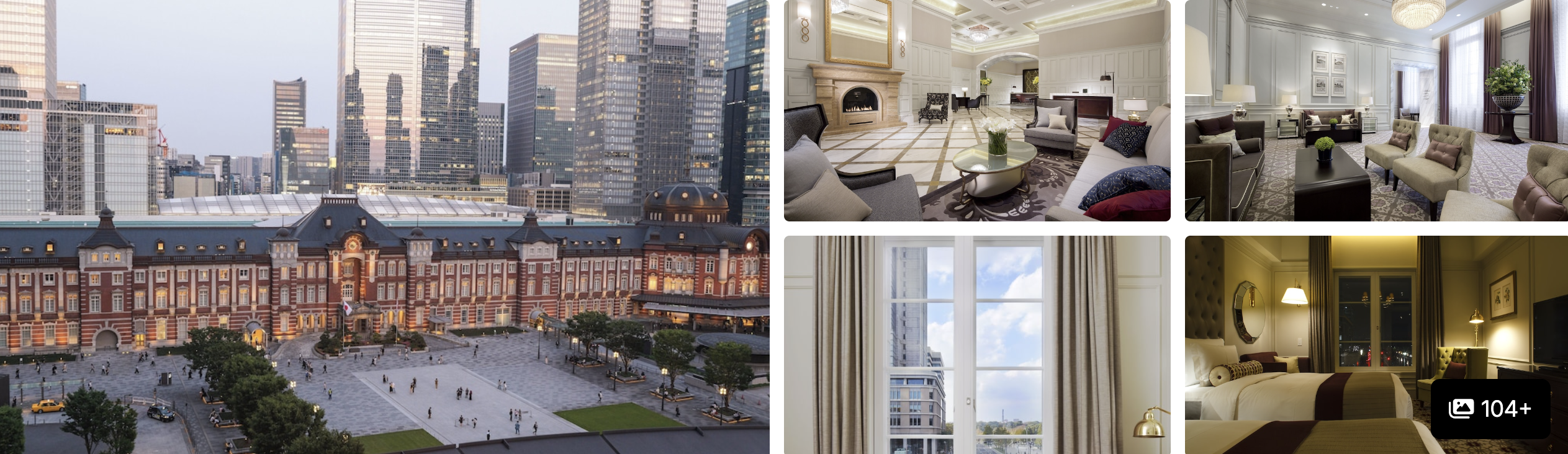 Photos of The Tokyo Station Hotel: historic brick Tokyo Station facade at dusk, elegant suites and classic guest room