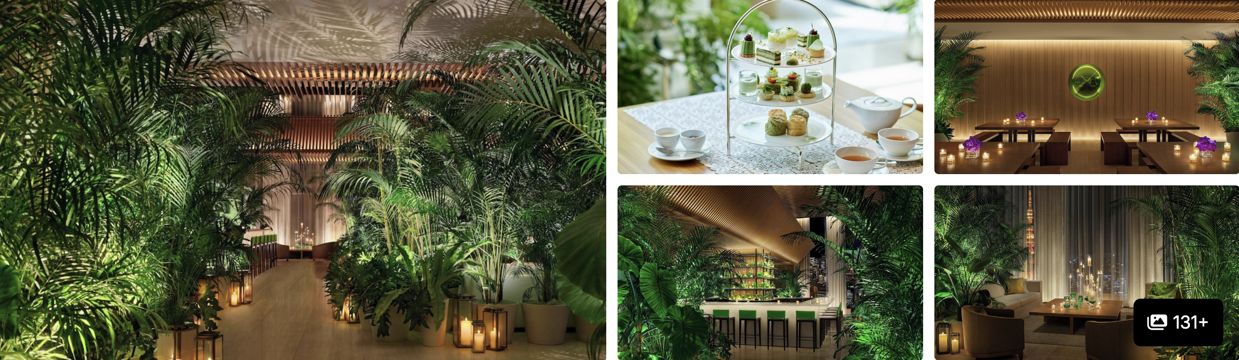 Photos of The Tokyo EDITION, Toranomon: plant-filled green atrium lobby, afternoon tea service and intimate dining rooms