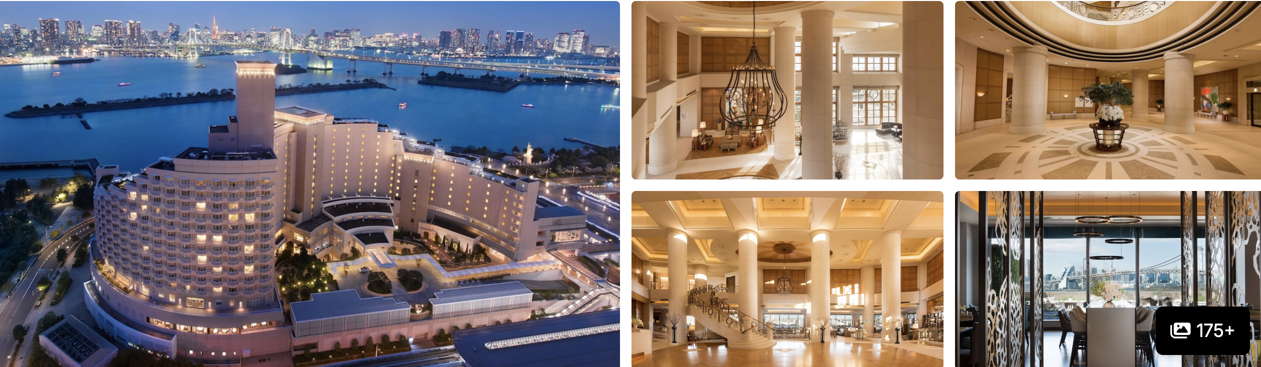 Photos of Hilton Tokyo Odaiba: waterfront hotel lit at night by the bay, grand lobby and atrium interiors