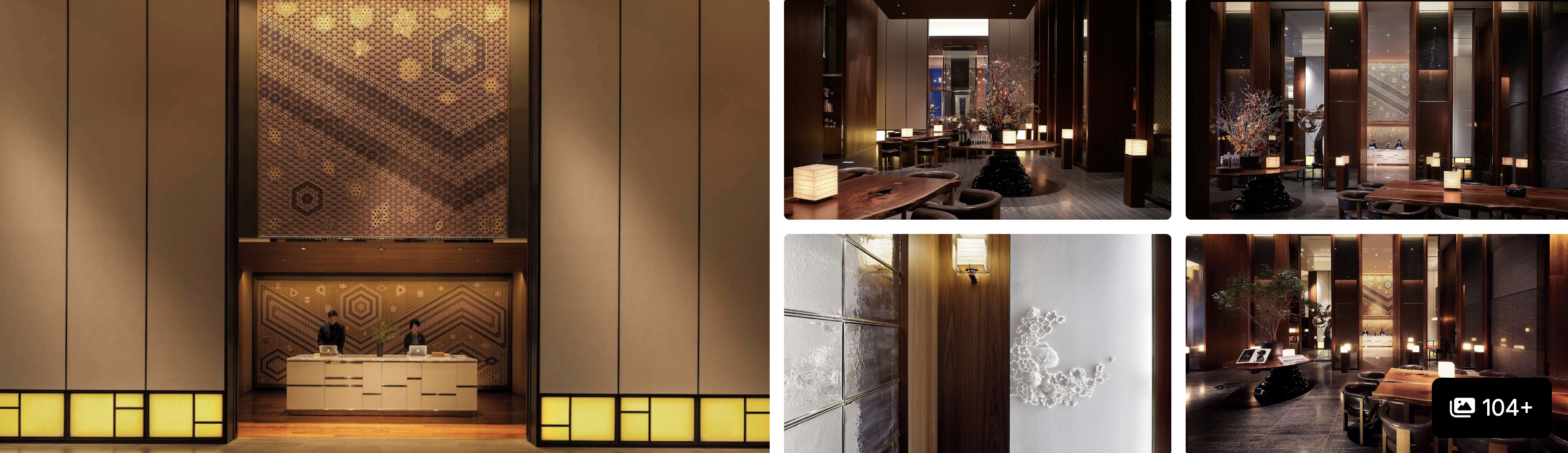 Photos of Andaz Tokyo Toranomon Hills: reception desk with patterned gold wall, dark wood lounges and seating areas