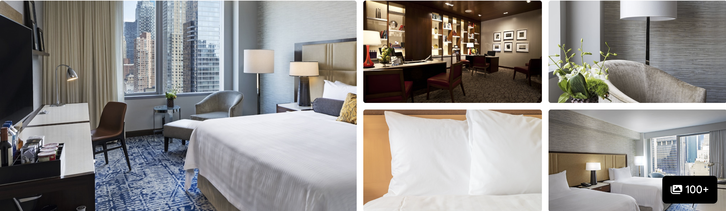Photos of InterContinental Times Square New York: guest room with skyline view, library lounge and bedding detail
