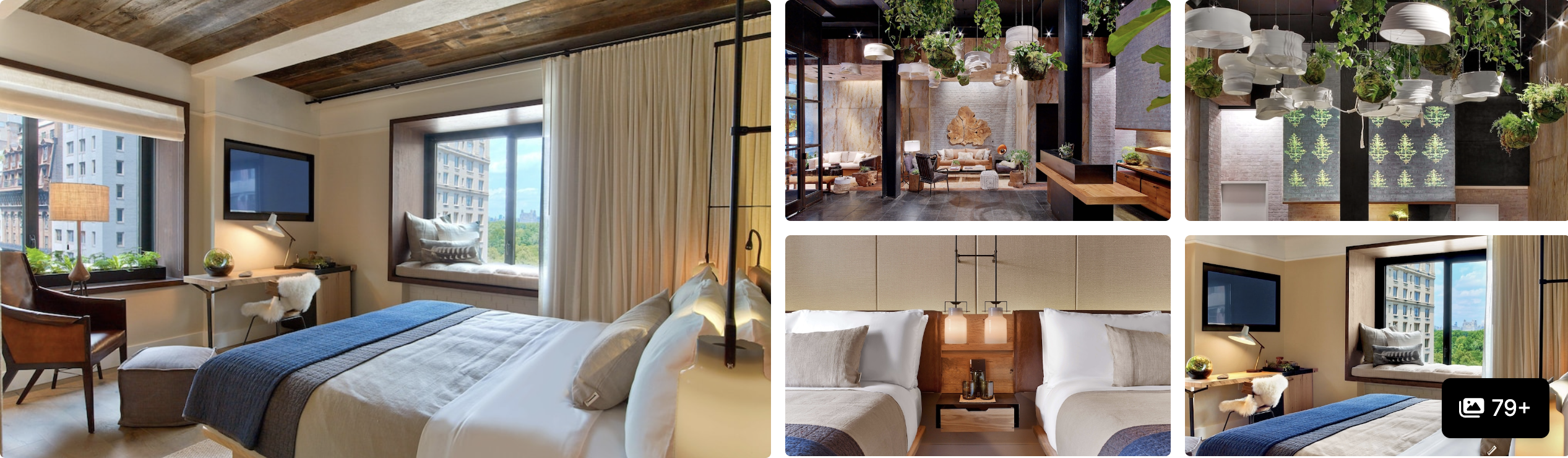 Photos of 1 Hotel Central Park, New York: timber-beam guest room with window seat, plant-filled lobby and lounge