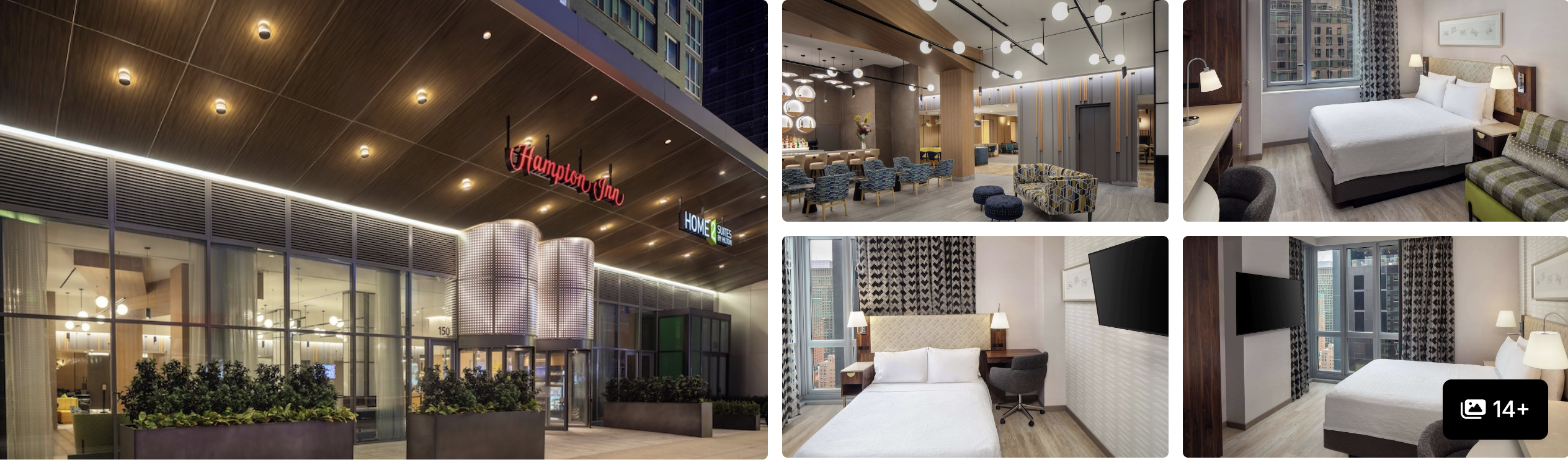 Photos of Home2 Suites by Hilton New York Times Square: illuminated entrance, lobby lounge and modern guest rooms