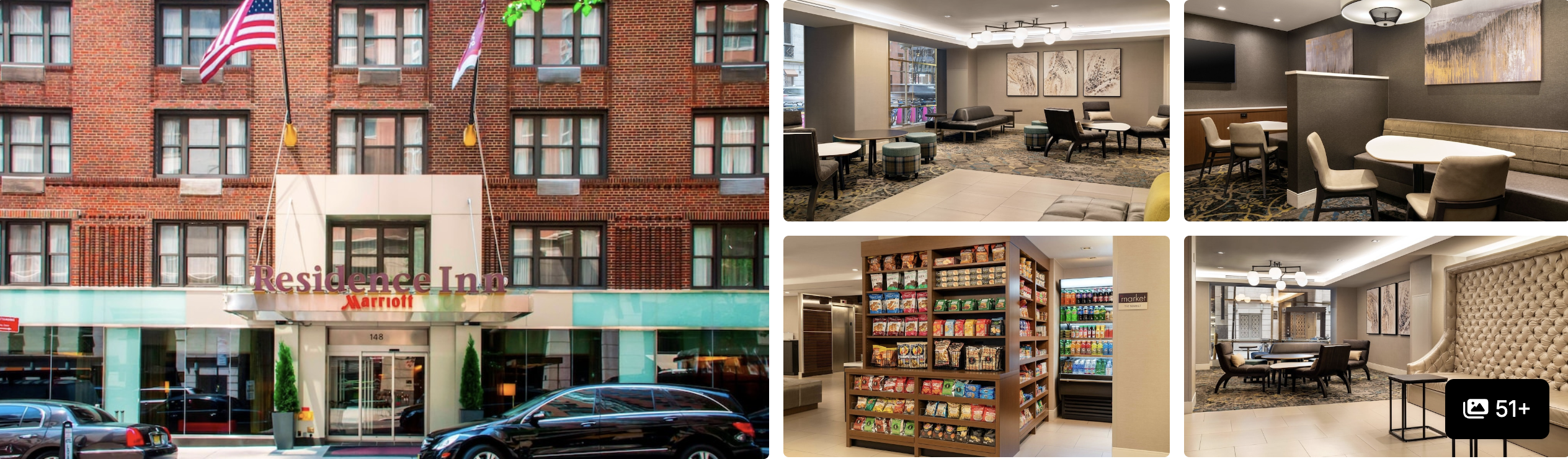 Photos of Residence Inn New York Manhattan Midtown East: brick facade entrance, breakfast area, market pantry and lounge