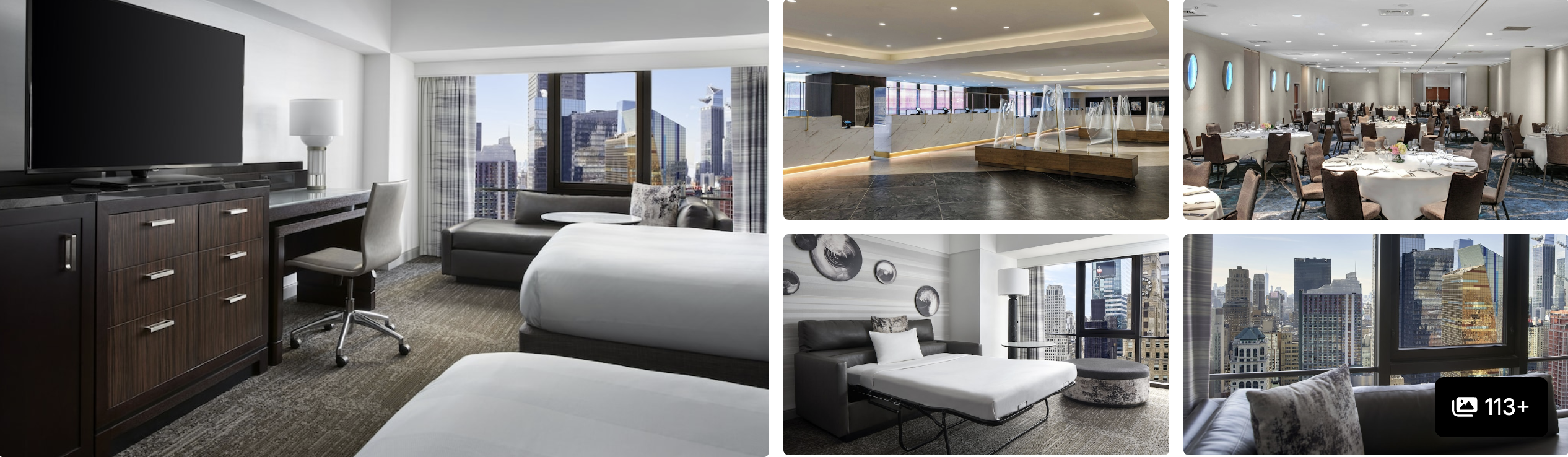Photos of New York Marriott Marquis near Times Square: guest room with city view, lobby lounge and banquet dining room