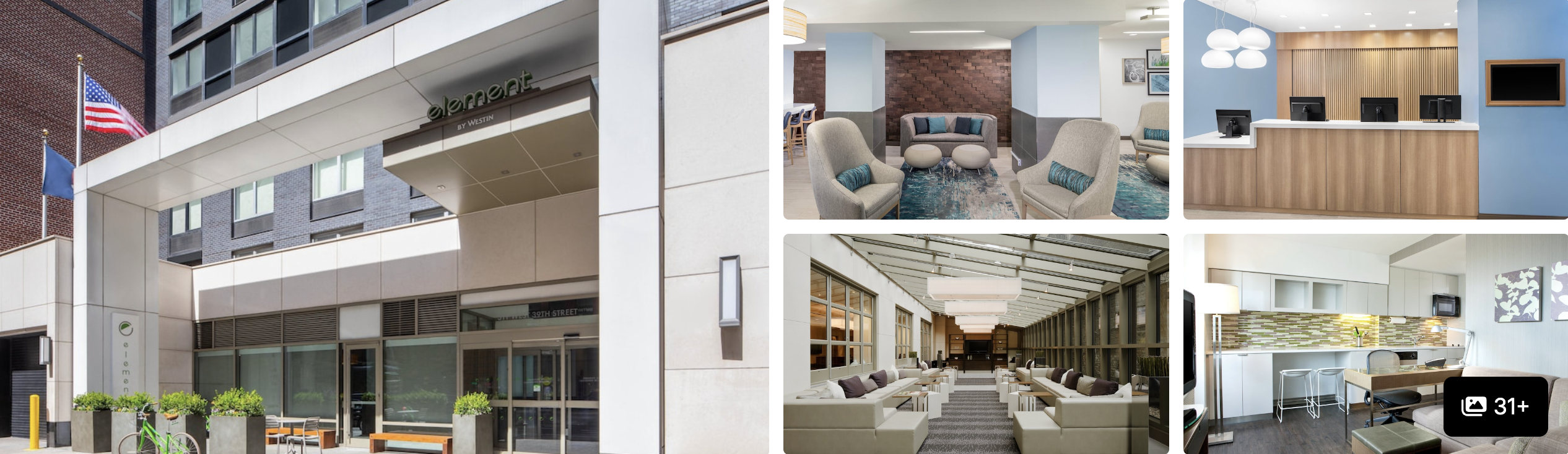 Photos of Element New York Times Square West: lobby reception, lounge seating, guest rooms and bright bedrooms