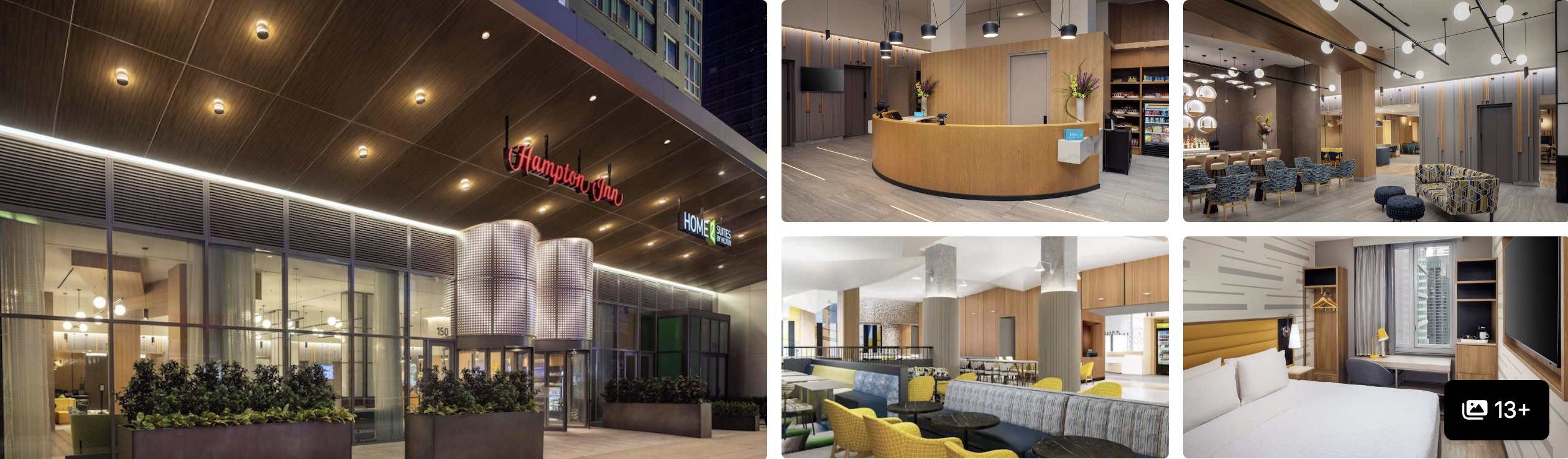 Photos of Hampton Inn by Hilton New York Times Square: lit exterior, reception desk, lounge and guest rooms