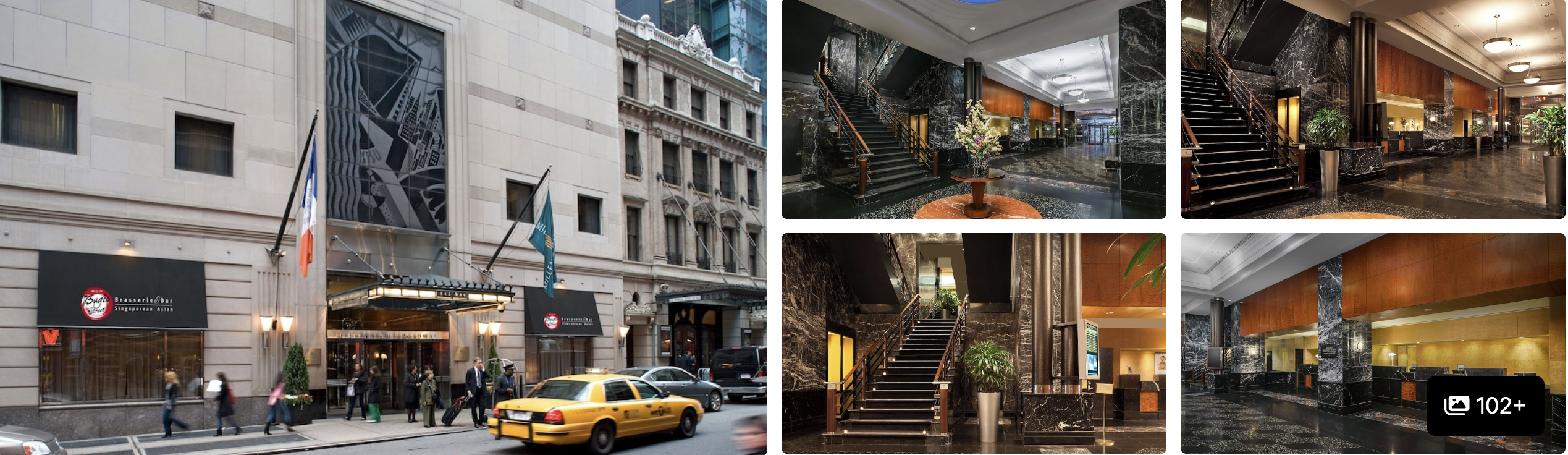 Photos of Millennium Hotel Broadway Times Square: stone facade entrance with taxi, marble staircases and grand lobby