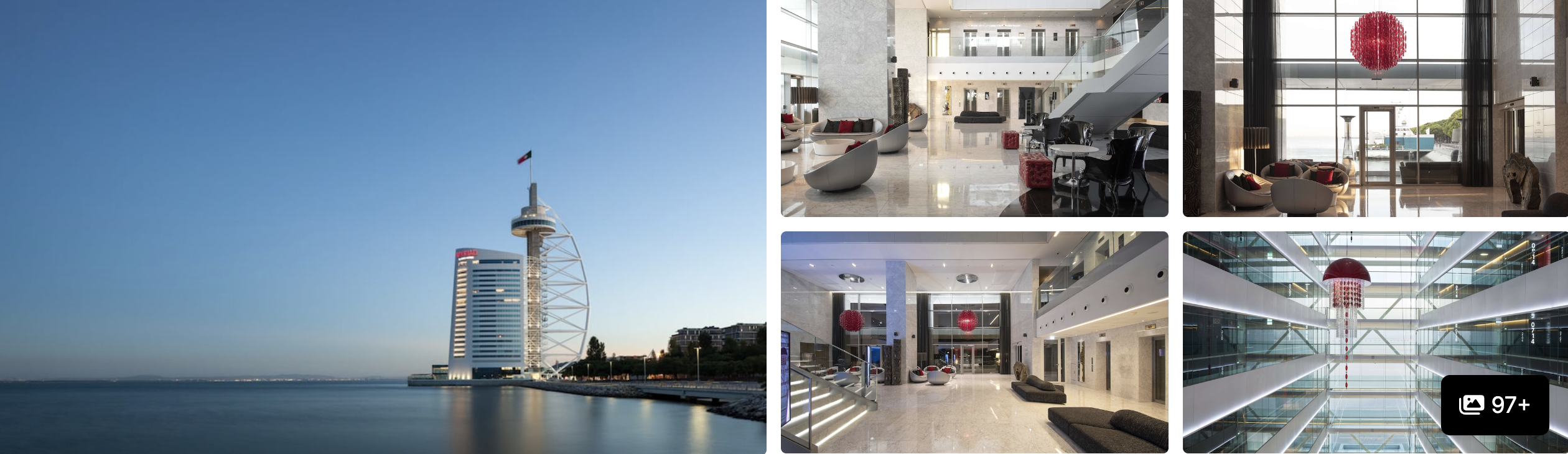 Photos of a hotel near Altice Arena, Lisbon: waterfront tower view, marble lobby, lounge and atrium