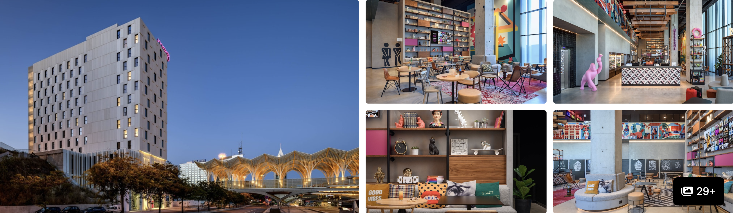Photos of TRYP Lisboa Oriente Hotel: hotel exterior at dusk, colourful bookshelf-styled cafe and lobby lounges