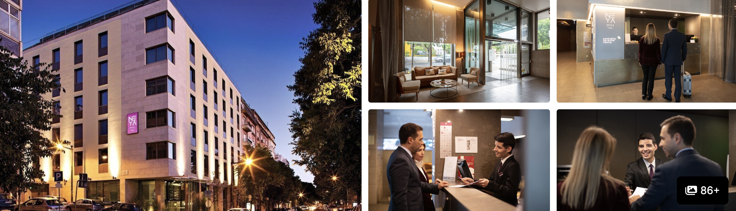 Photos of Inspira Liberdade Boutique Hotel, Lisbon: lit exterior at dusk, lobby, reception desk and staff with guests