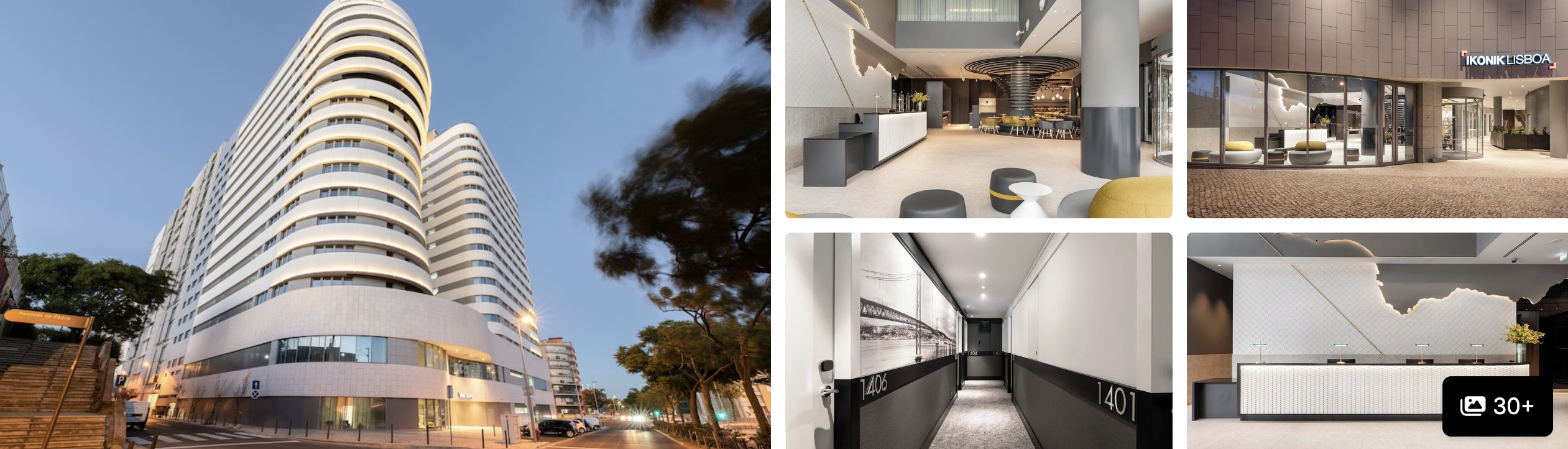 Photos of Eurostars Universal Lisboa: curved tower exterior at dusk, modern reception, corridors and coworking lounge