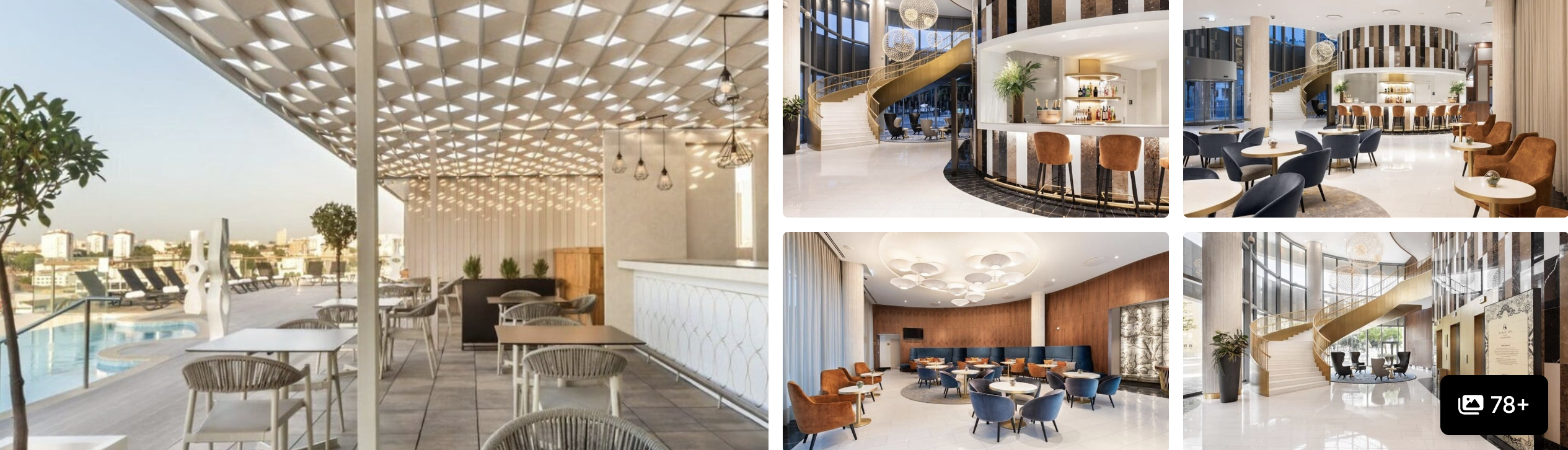 Photos of Moxy Lisboa Oriente: rooftop terrace with pool and city view, spiral-stair lobby and lounge bar