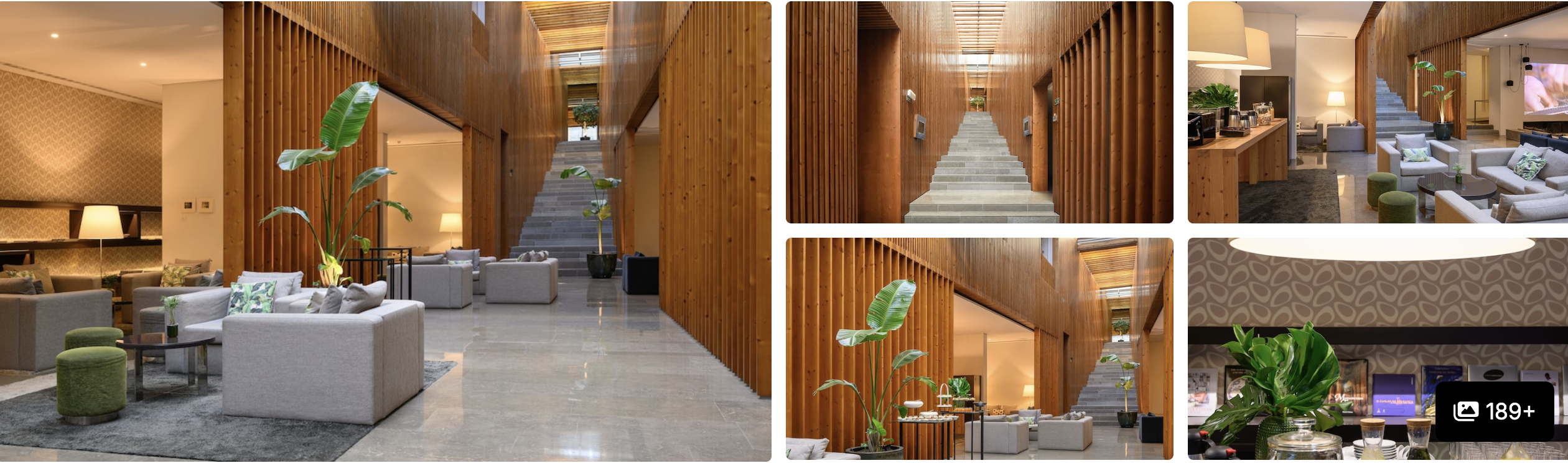 Photos of a quieter Red Line hotel in Lisbon: wood-paneled lobby with sweeping staircase, lounge seating and greenery