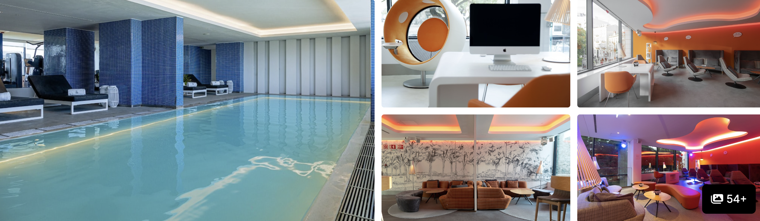 Photos of NEYA Lisboa Hotel: indoor pool with loungers, modern workspace, lounge seating and colourful spa area