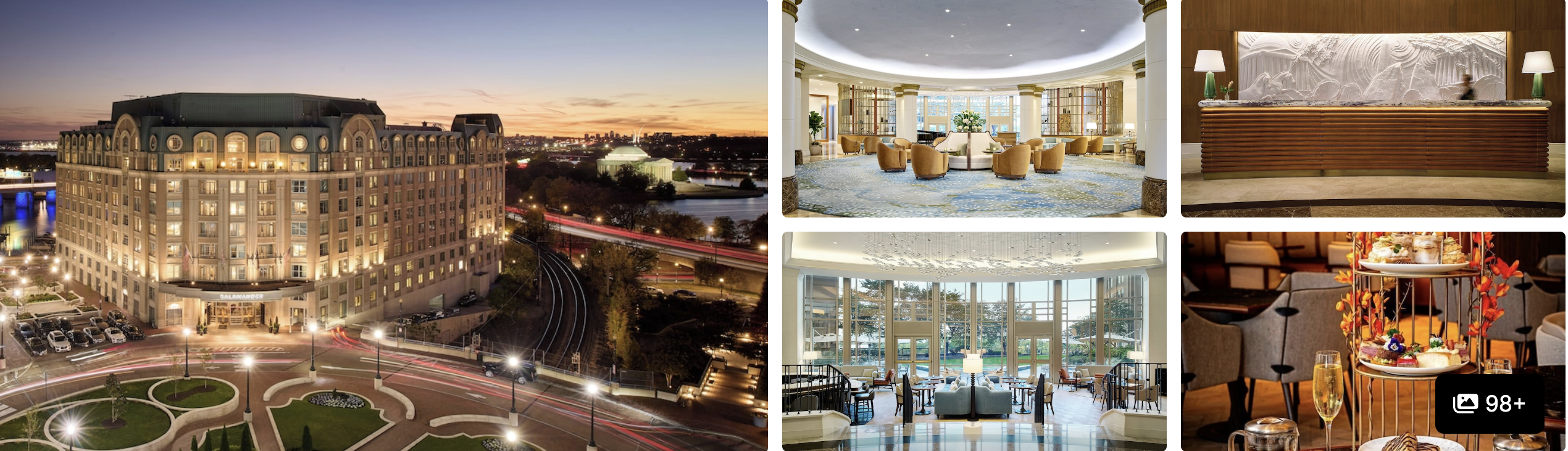 Photos of a Washington DC hotel near the Cherry Blossom Festival: grand exterior at dusk, lobby and lounge