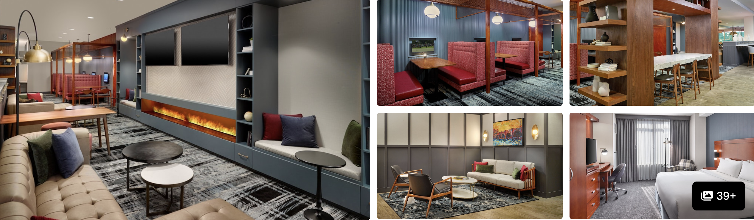 Photos of Hotel Hive micro-hotel near the Lincoln Memorial: lobby with fireplace, dining booths, lounge and guest room