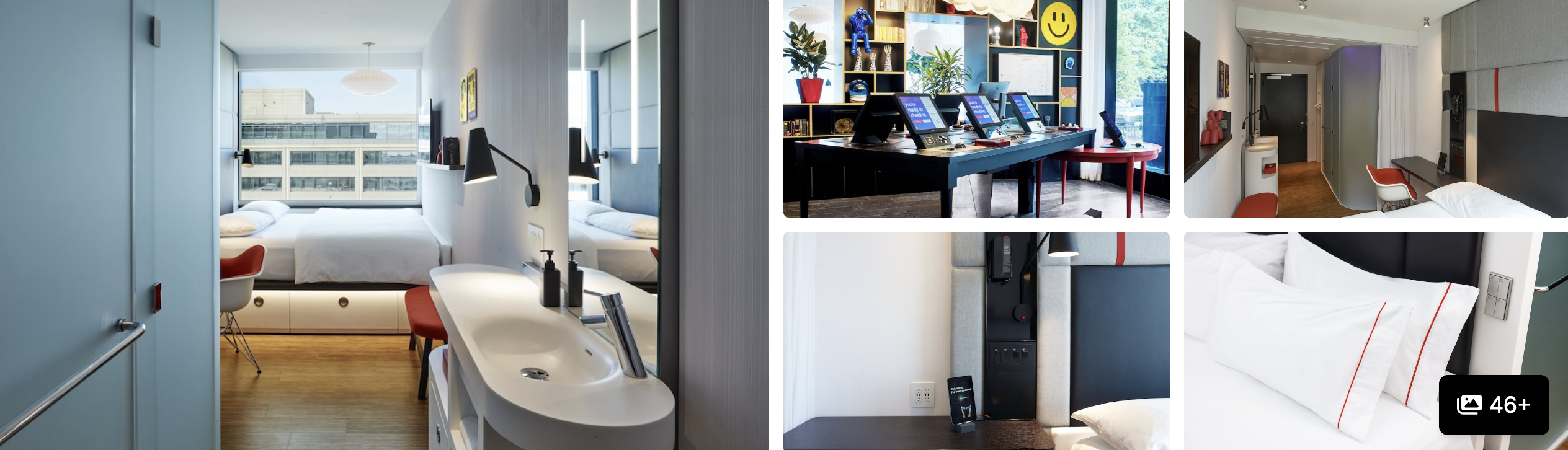 Photos of Hyatt Place Washington DC National Mall: twin guest room, communal workspace, bathroom and bedding details