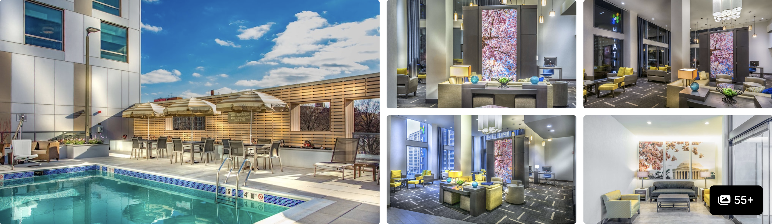 Photos of Hyatt House Washington DC The Wharf: rooftop pool deck, sunlit lobby lounges and modern seating areas