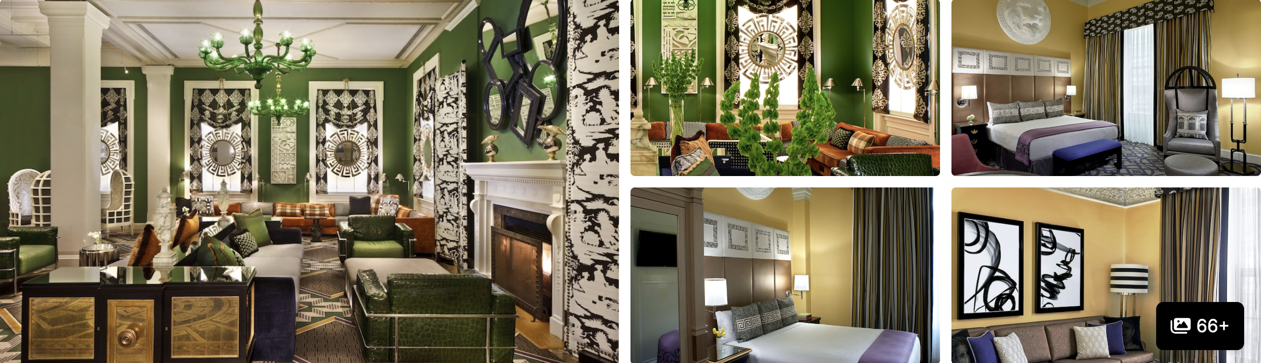 Photos of State Plaza Hotel Washington DC: green-walled lobby, patterned guest rooms and Art Deco-style suites