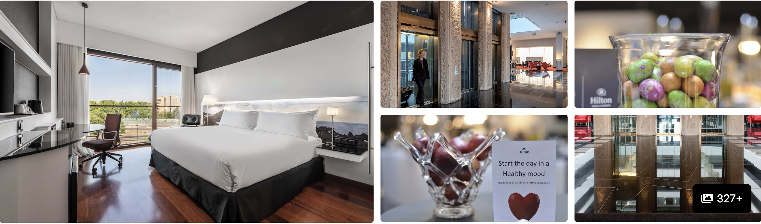 Photos of Hilton Madrid Airport: guest room with terrace and city view, entrance and healthy-breakfast details