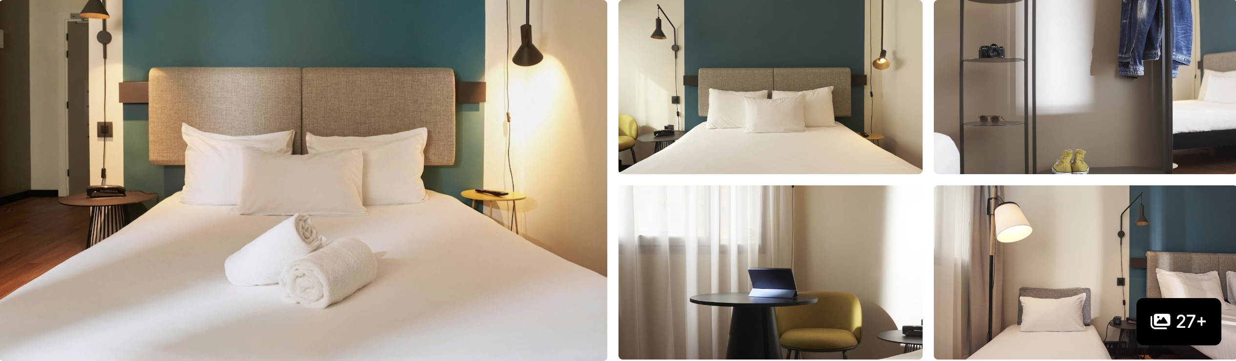 Photos of Ibis Madrid Aeropuerto Barajas: teal-walled guest room with white bedding, desk seating and single room