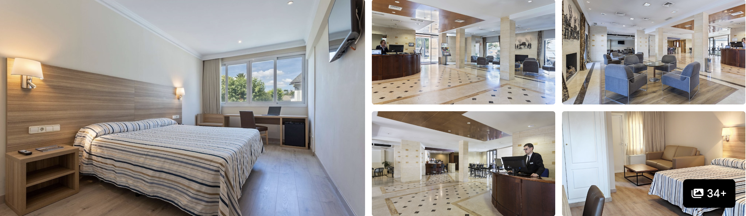 Photos of Osuna Madrid Feria: guest room with wood headboard and desk, marble-floored lobby and lounge