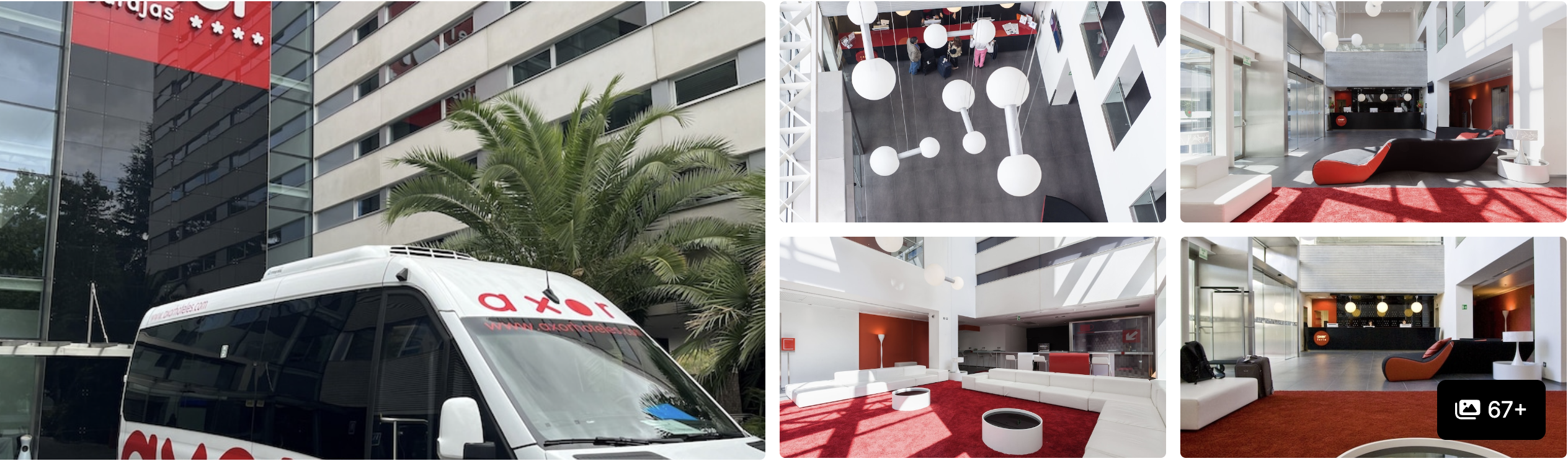 Photos of AXOR Feria, Madrid: hotel shuttle van outside, red-accented atrium lobby and lounge seating
