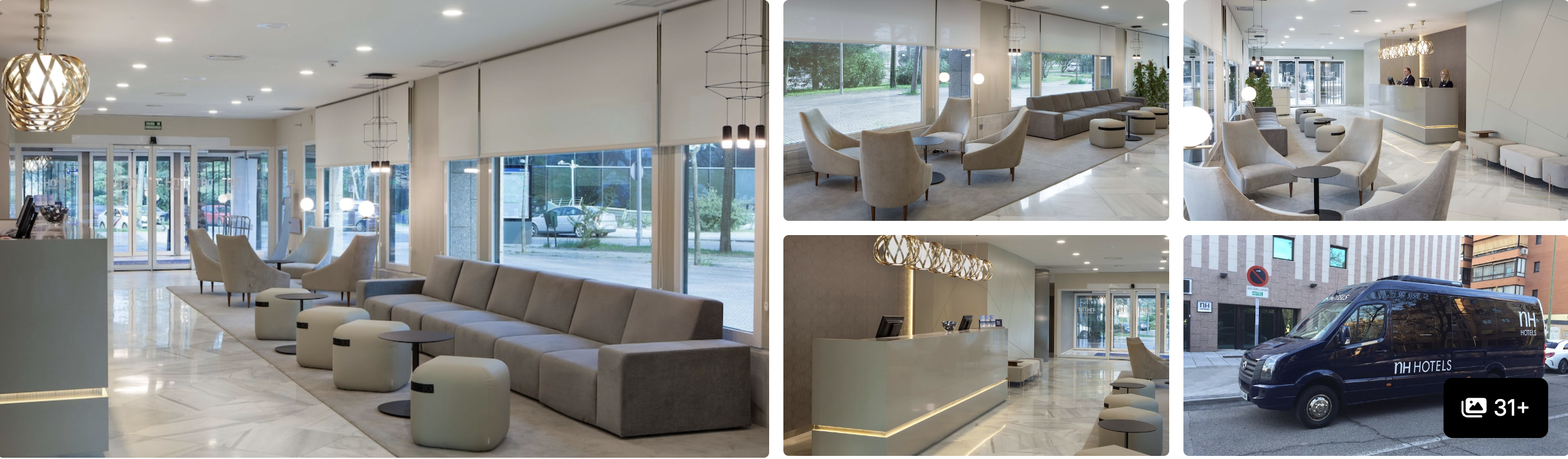 Photos of NH Madrid Barajas Airport: spacious lobby lounge, reception desk and hotel shuttle van
