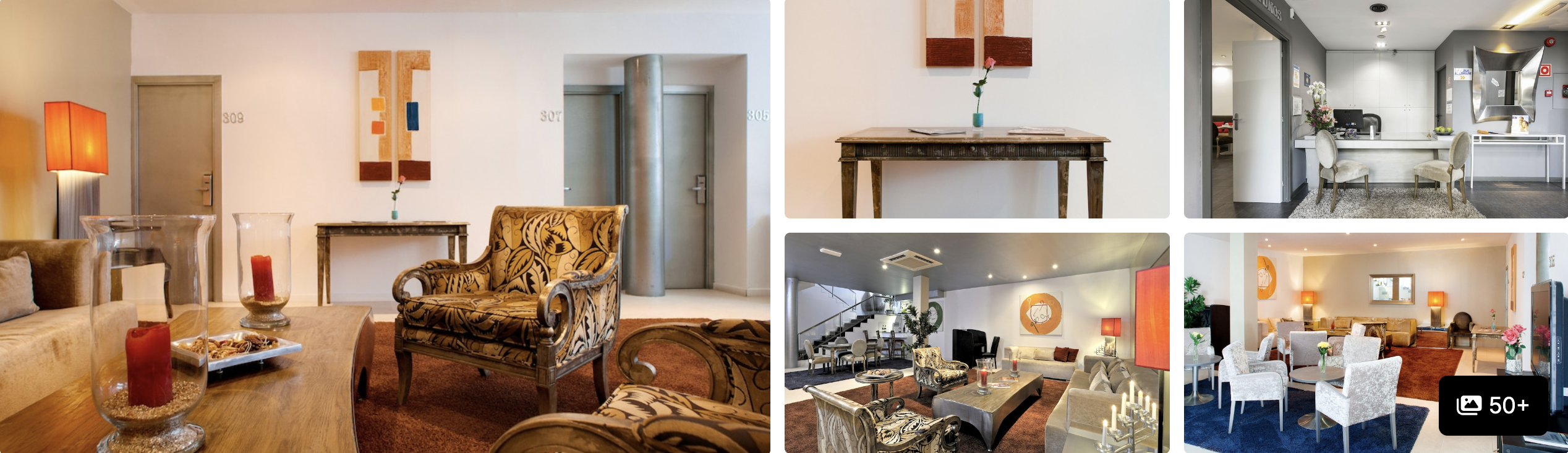Photos of Globales Acis y Galatea, Madrid: lounge with patterned armchairs, kitchen, dining area and sitting rooms