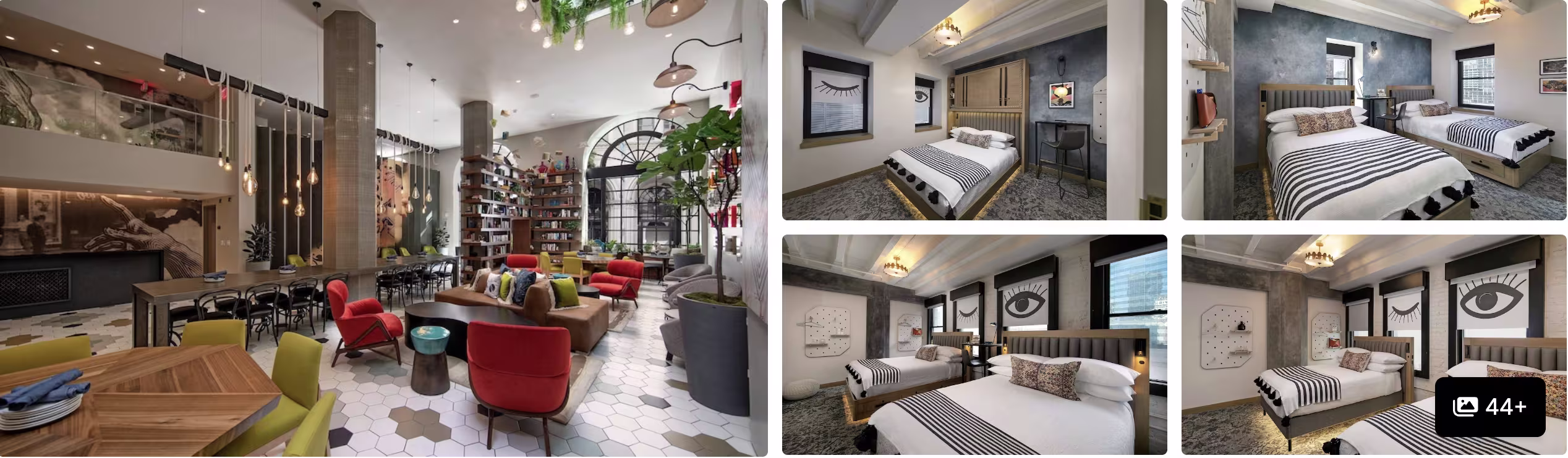 Photos of a Downtown LA hotel near Metro: lobby reception, dining area, stainless kitchen and guest bathroom