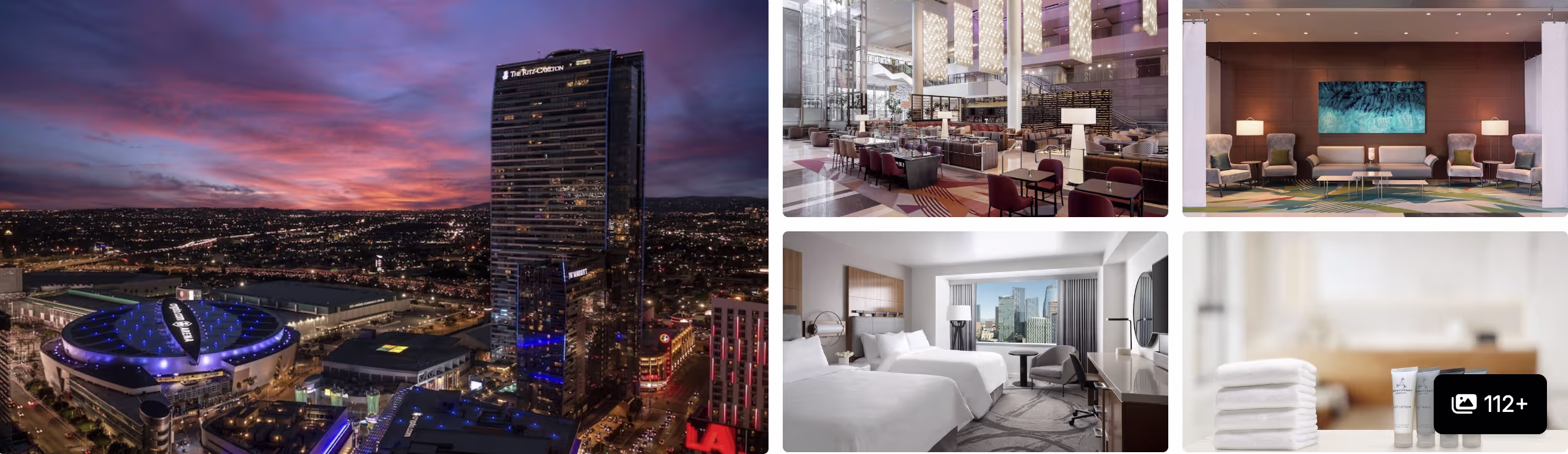 Photos of The Wayfarer Downtown LA: king guest room, breakfast lounge, double-queen room and study desk
