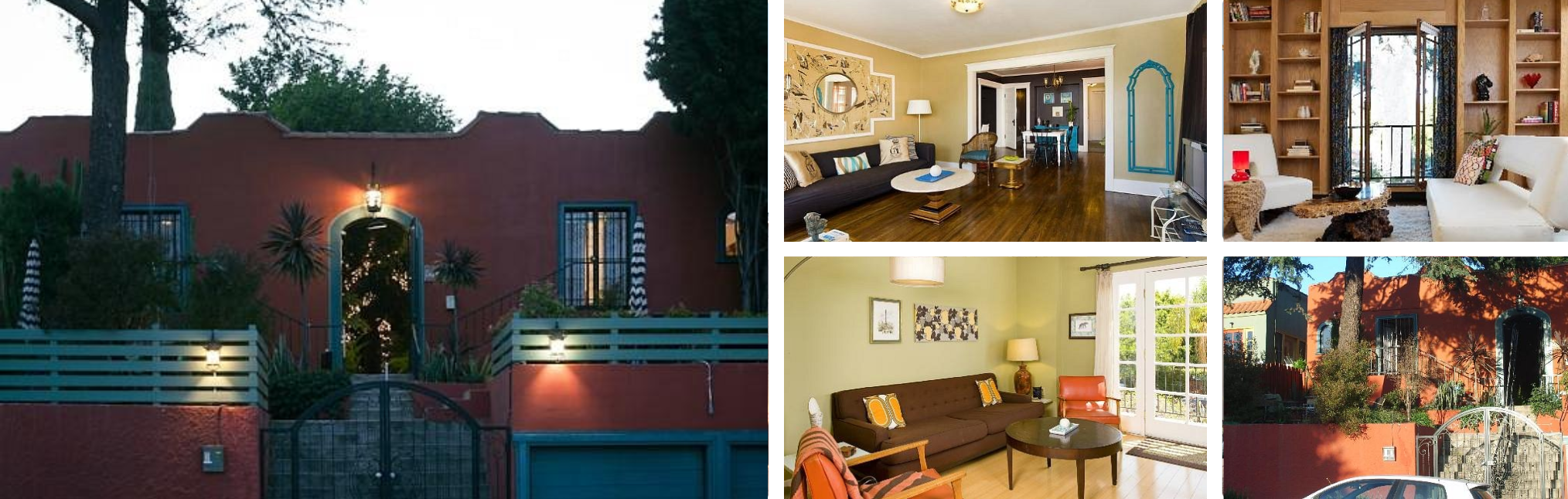Photos of a Silver Lake and Los Feliz stay: lush palm-filled garden courtyard, reception, modern bedrooms and kitchenette