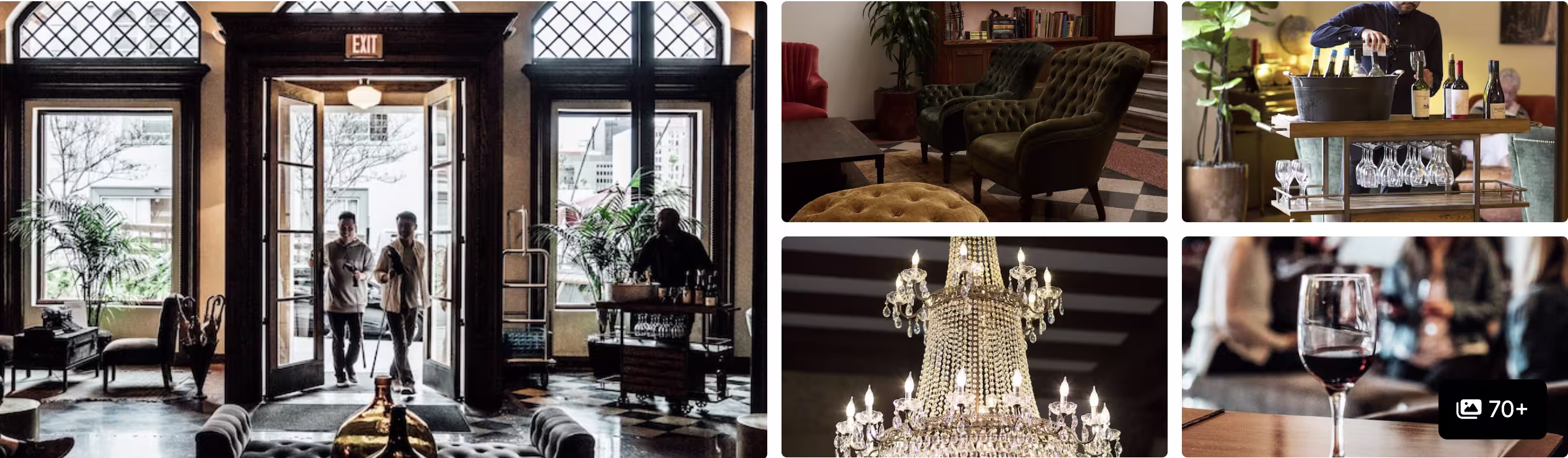 Photos of a Koreatown hotel: rooftop terrace overlooking the bay, atrium lounge, restaurant and stairwell