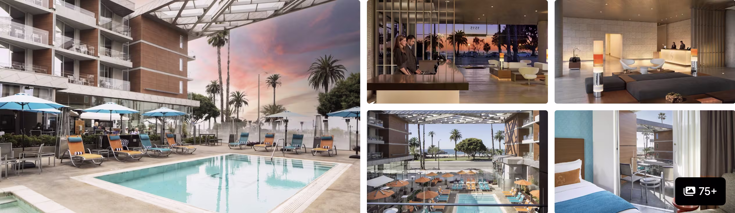 Photos of a Santa Monica beach-area hotel: grand facade, chandelier lobby, wine wall and floral atrium