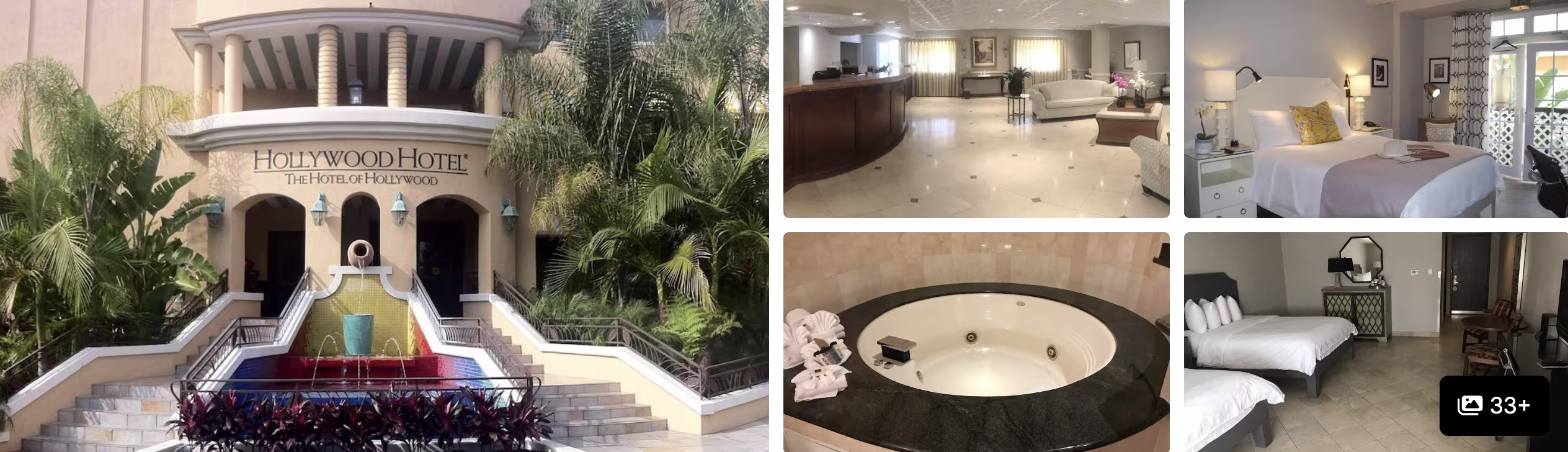 Photos of a Hollywood hotel near the Walk of Fame: white facade, ornate lobby, marble bath and guest rooms