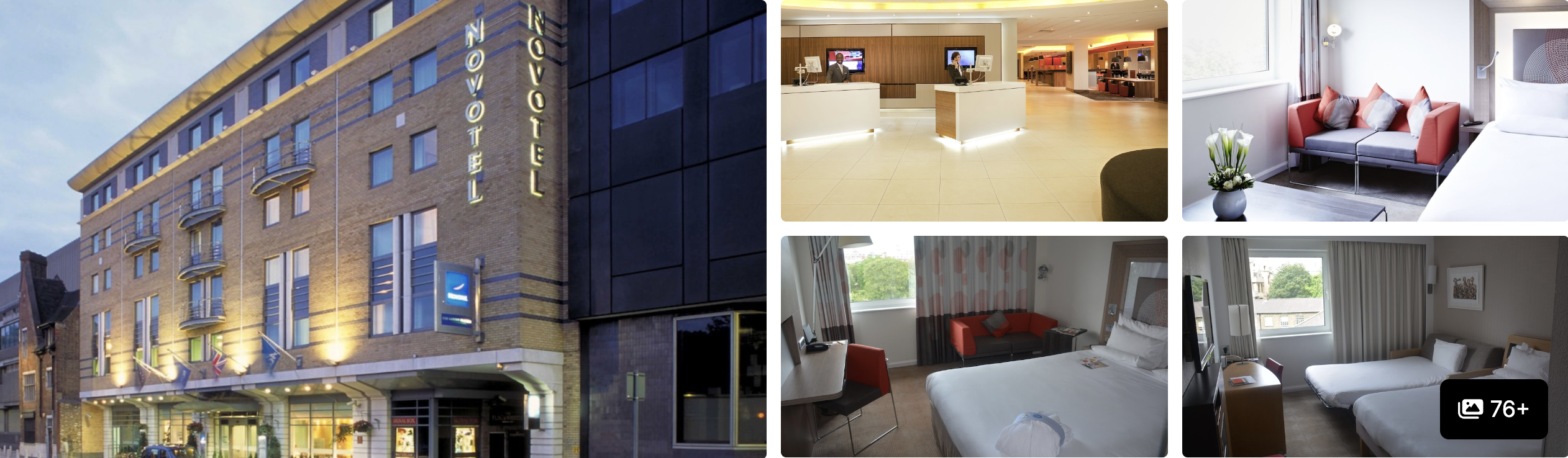 Photos of Novotel London Waterloo: lit hotel exterior at dusk, lobby, lounge with red sofa and guest rooms